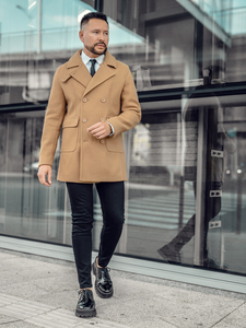 Abrigo de hombre de invierno cruzado corto color camel Bolf 11Z8215A