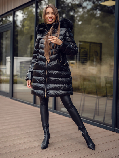 Chaqueta larga acolchada abrigo de invierno con capucha para mujer negro Bolf 5M3162