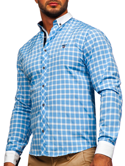 Camisa elegante a cuadros de manga larga para hombre azul claro Bolf 5737-1