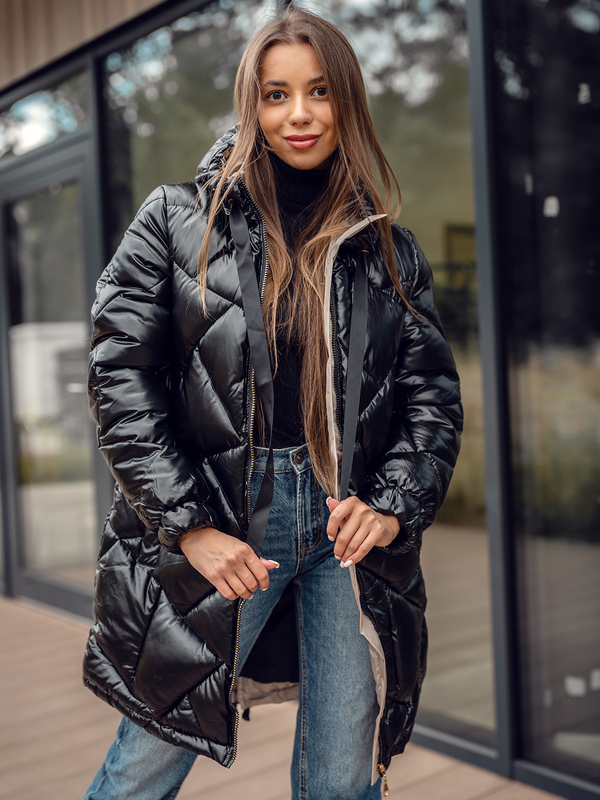 Chaqueta larga acolchada abrigo de invierno con capucha para mujer negro Bolf 5M3189