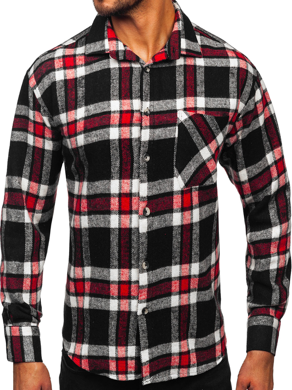 Camisa de franela a cuadros de manga larga para hombre rojo Bolf 2025-3