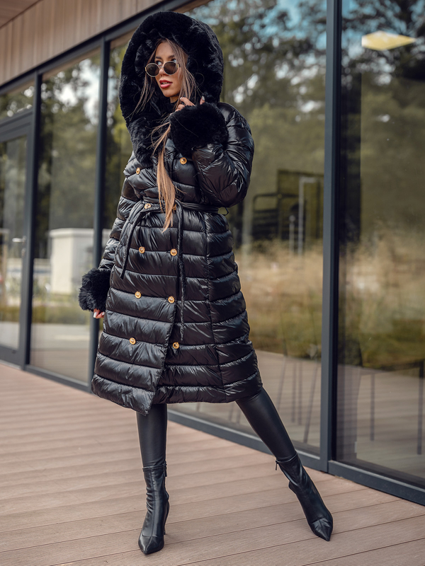 Chaqueta larga acolchada abrigo de invierno con capucha para mujer negro Bolf 5M3160