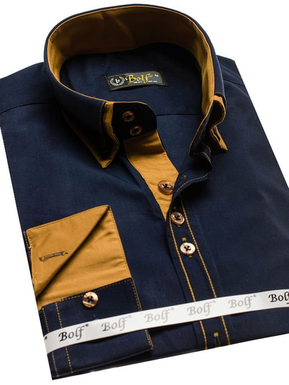 Camisa elegante de manga larga para hombre azul oscuro Bolf 3703