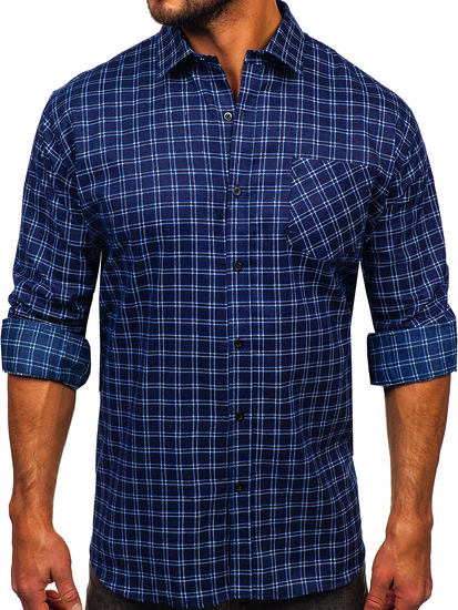 Camisa franela a cuadros de manga larga para hombre azul oscuro y blanco Bolf F4