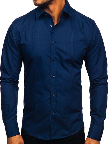 Camisa elegante de manga larga para hombre azul oscuro Bolf 6944