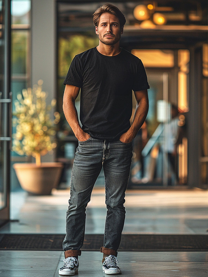 Camiseta de hombre de algodón negra sin estampado Bolf 14291