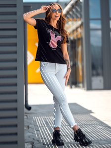 Camiseta de manga corta con lentejuelas y impresión para mujer negro Bolf DT059A