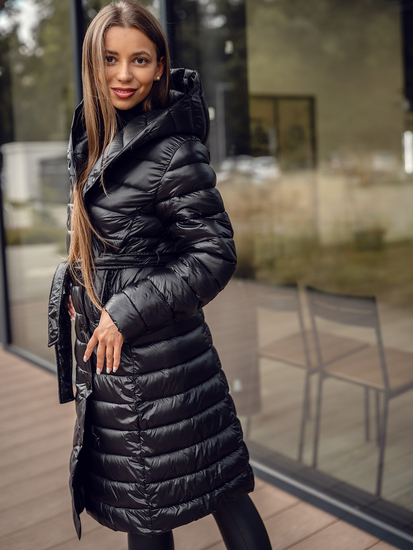Chaqueta larga acolchada abrigo de invierno con capucha para mujer negro Bolf 5M3159