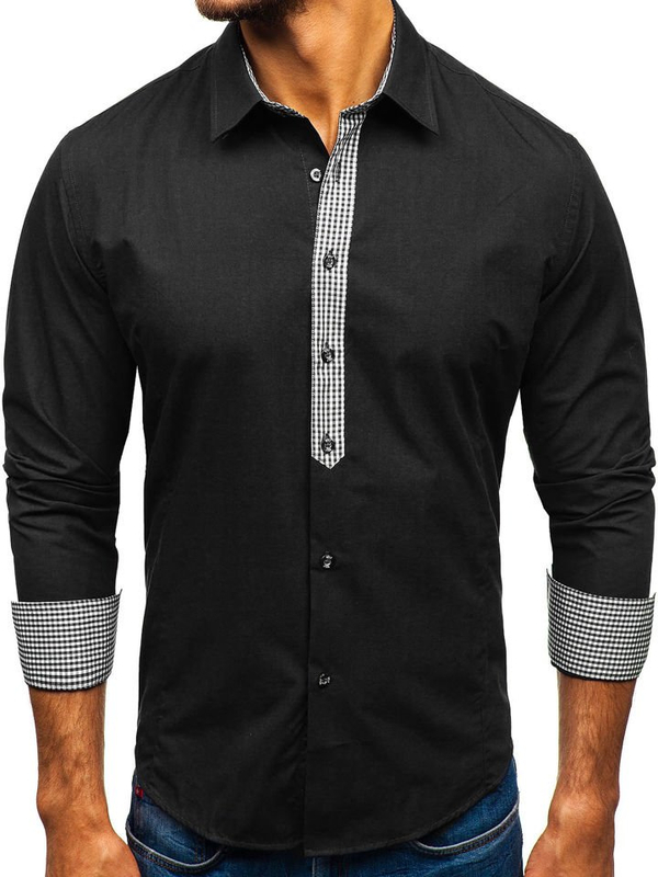 Camisa elegante de manga larga para hombre negro Bolf 0939