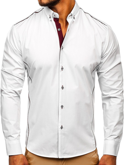 Camisa elegante de manga larga para hombre blanco y burdeos Bolf 5722-1