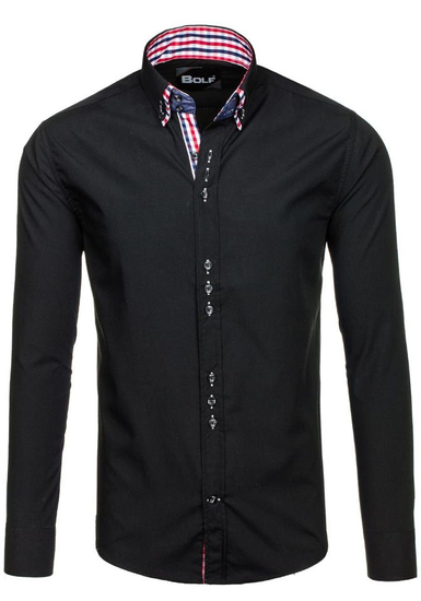 Camisa elegante de manga larga para hombre negro Bolf 0926