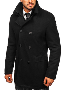 Abrigo de invierno cruzado negro para hombre con cuello alto extraíble adicional Bolf 8805