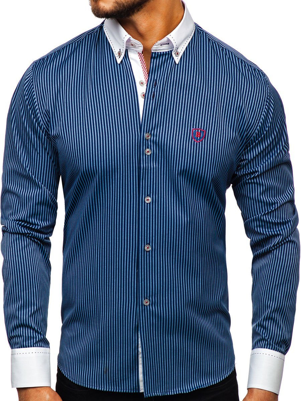 Camisa de rayas de manga larga para hombre azul oscuro Bolf 9717