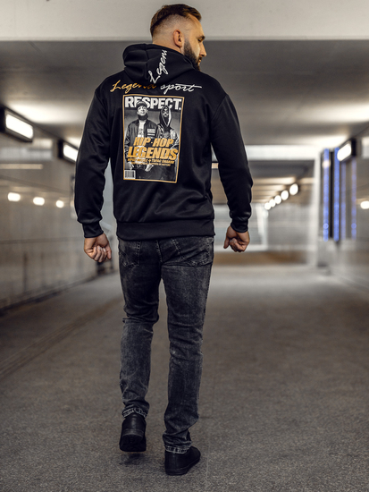 Sudadera tipo canguro con capucha e impresión para hombre negro Bolf M280