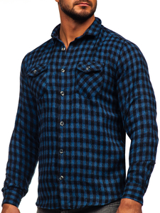 Camisa franela a cuadros de manga larga para hombre azul oscuro Bolf 22701