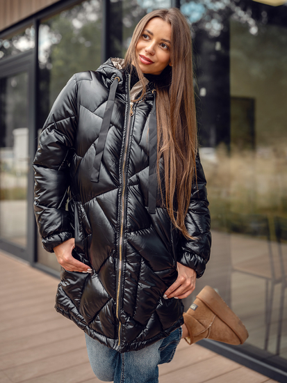 Chaqueta larga acolchada abrigo de invierno con capucha para mujer negro Bolf 5M3189