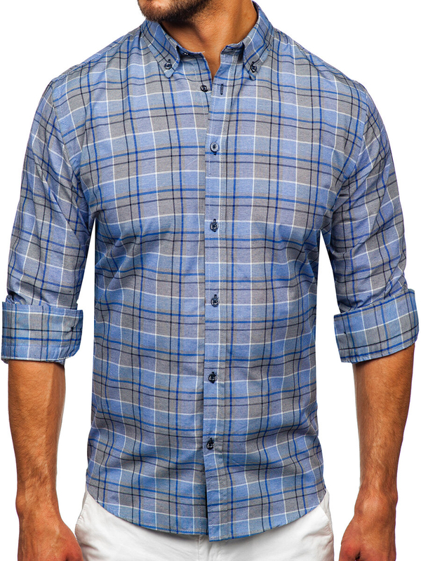 Camisa a cuadros de manga larga para hombre azul oscuro Bolf 22748