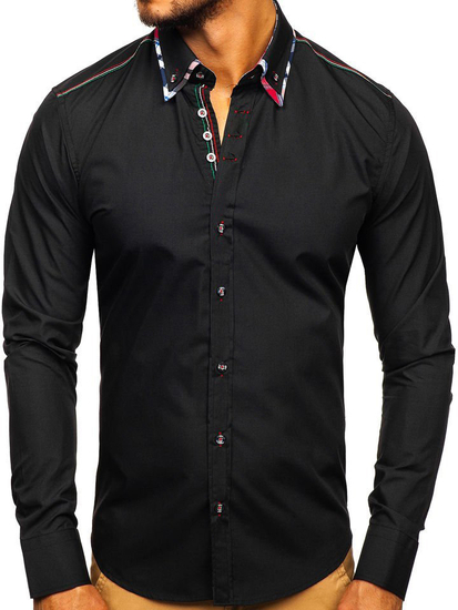Camisa elegante de manga larga negra para hombre Bolf 3701