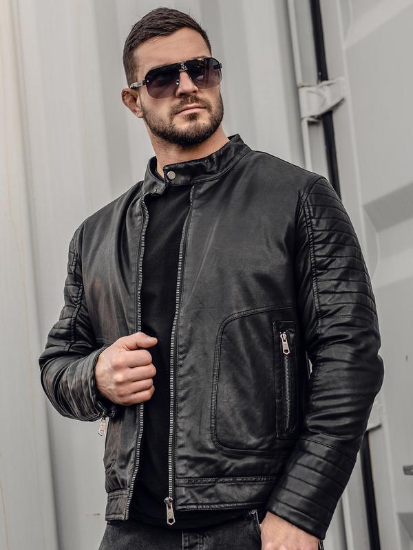 Chaqueta de cuero biker forrada para hombre negro Bolf 92531