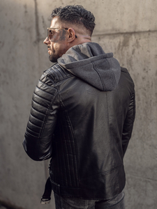 Chaqueta ramonera de cuero con capucha biker para hombre negro Bolf 11Z8005
