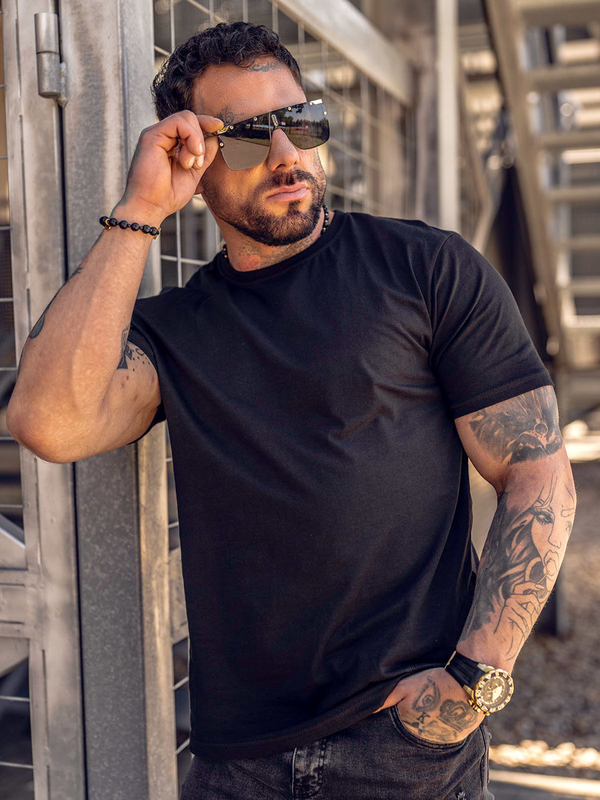 Camiseta de hombre de algodón negra sin estampado Bolf 192397B