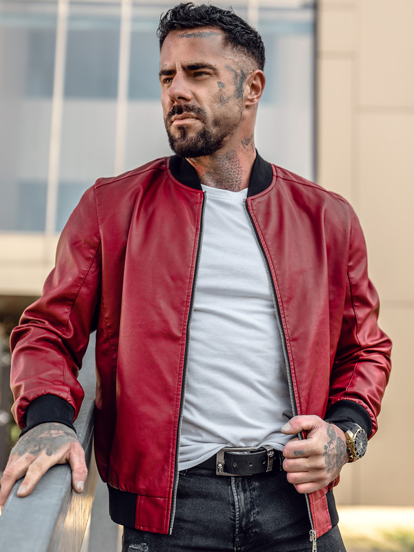 Chaqueta bomber de cuero para hombre rojo Bolf 1147A