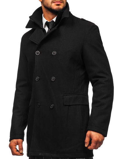 Abrigo de invierno cruzado negro para hombre con cuello alto extraíble adicional Bolf 8805
