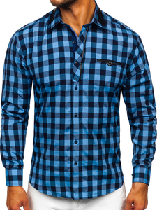 Camisa de cuadros para hombre de manga larga azul marino Bolf 19605