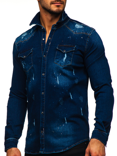 Camisa vaquera a manga larga para hombre color azul oscuro Bolf R801