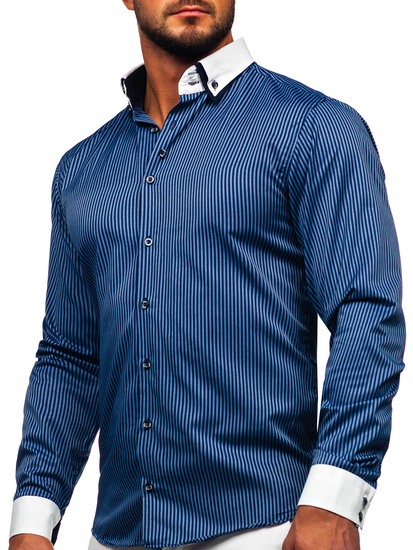 Camisa elegante de rayas de manga larga para hombre azul oscuro Bolf 0909