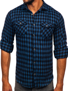 Camisa franela a cuadros de manga larga para hombre azul oscuro Bolf 22701