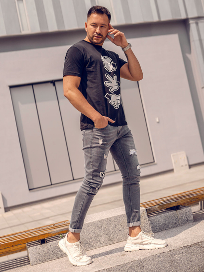 Camiseta negra de algodón con estampado para hombre Bolf KS1997