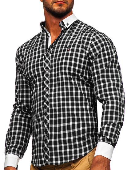 Camisa elegante a cuadros de manga larga para hombre negro Bolf 5737-1