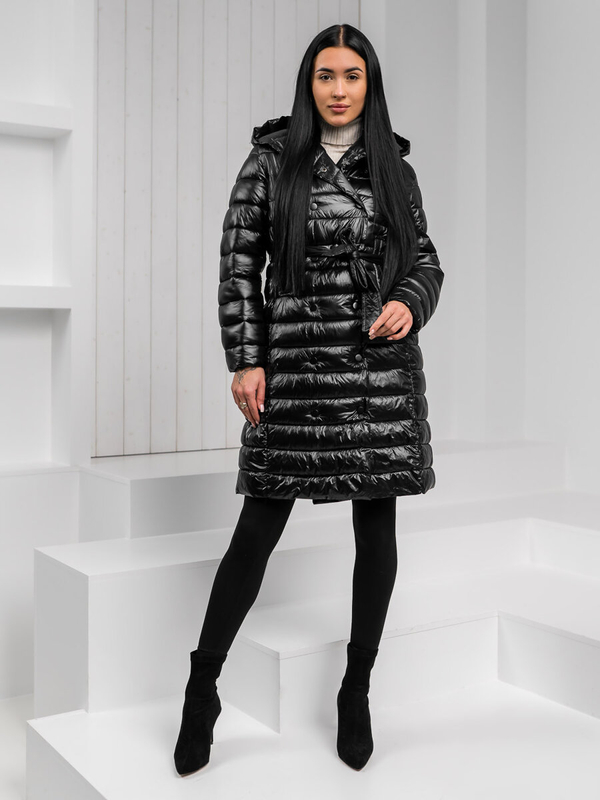 Chaqueta larga acolchada abrigo de invierno con capucha para mujer negro Bolf 5M3159A1