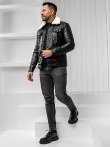 Chaqueta tipo aviador de invierno en cuero para hombre negro Bolf 8830