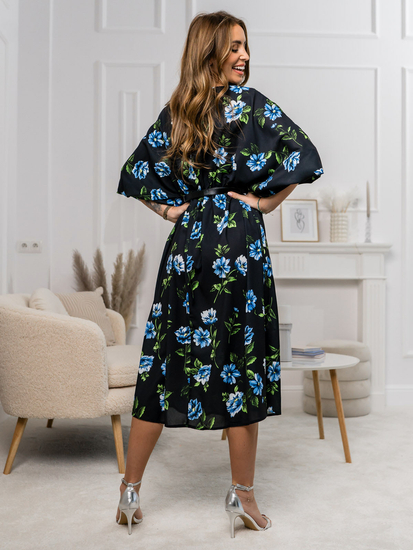 Vestido de diseño floral para mujer negro y azul Bolf XY202116