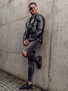 Chaqueta ramonera de cuero para hombre negro Bolf 11Z8014