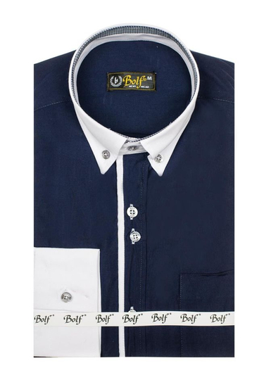 Camisa elegante de manga larga para hombre azul oscuro Bolf 6919