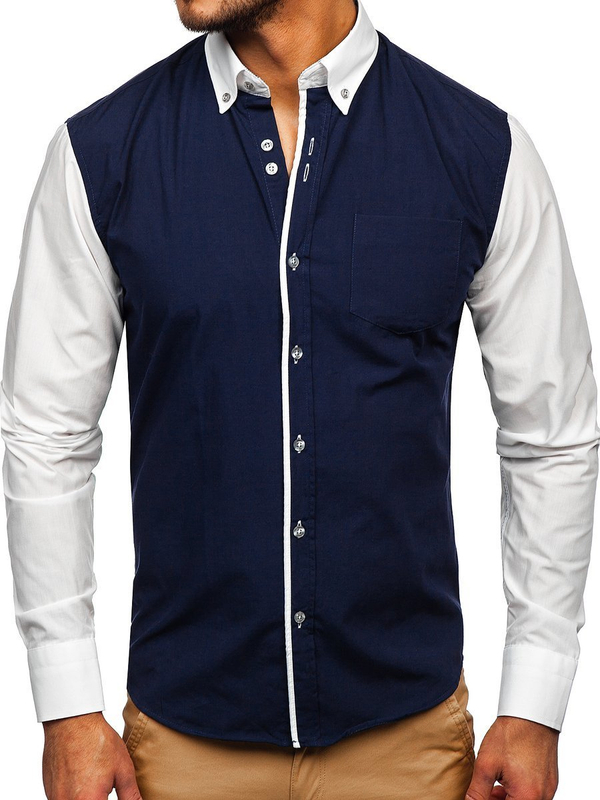 Camisa elegante de manga larga para hombre azul oscuro Bolf 6919