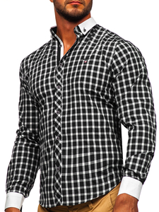 Camisa elegante a cuadros de manga larga para hombre negro Bolf 5737-1