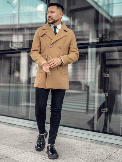 Abrigo de hombre de invierno cruzado corto color camel Bolf 11Z8215A