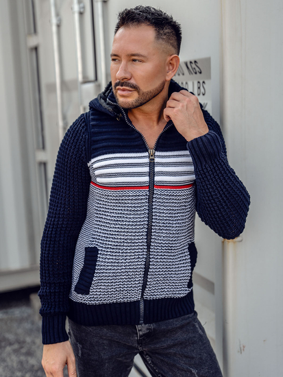 Suéter-chaqueta abierto grueso con capucha para hombre color azul oscuro Bolf 2048