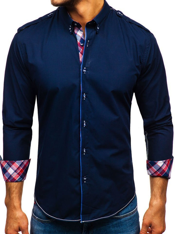 Camisa elegante de manga larga para hombre azul oscuro Bolf 1758