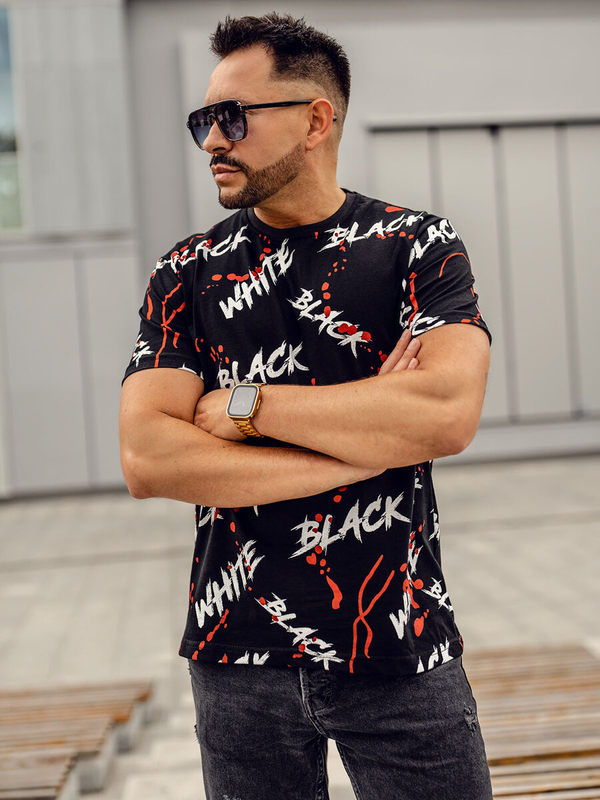 Camiseta de manga corta con impresión para hombre negro y rojo Bolf 14939A