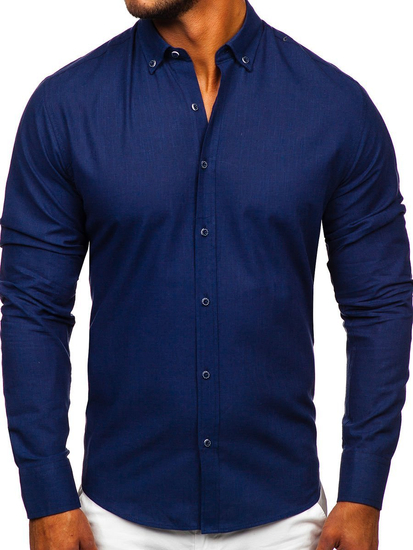 Camisa de algodón manga larga para hombre azul oscuro Bolf 20701