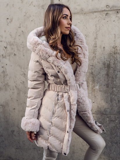 Chaqueta larga acolchada abrigo de invierno con capucha para mujer beige Bolf 5M3156A
