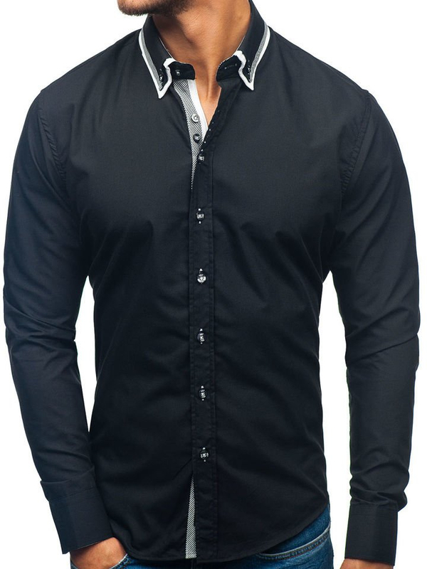 Camisa de manga larga elegante para hombre negra Bolf 3704-1