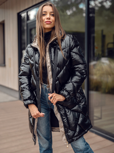 Chaqueta larga acolchada abrigo de invierno con capucha para mujer negro Bolf 5M3189