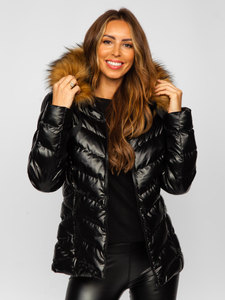 Chaqueta acolchada de invierno con capucha para mujer negro y marrón Bolf 5M773