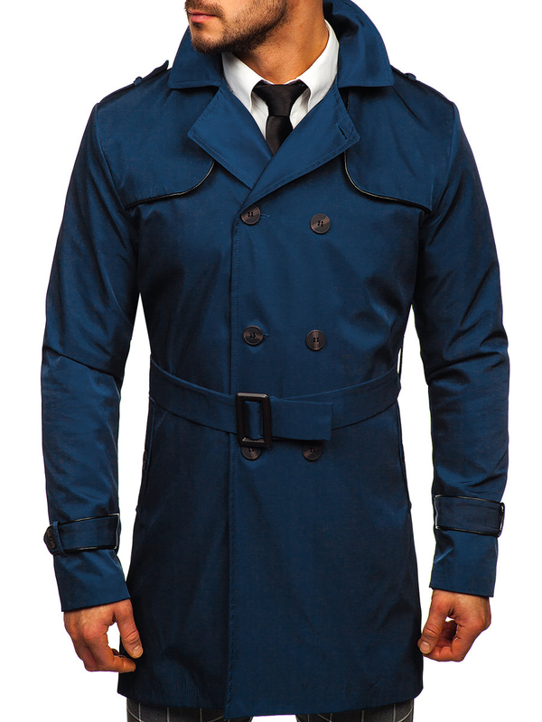 Gabardina cruzada para hombre con cuello alto y cinturón color azul Bolf 0001